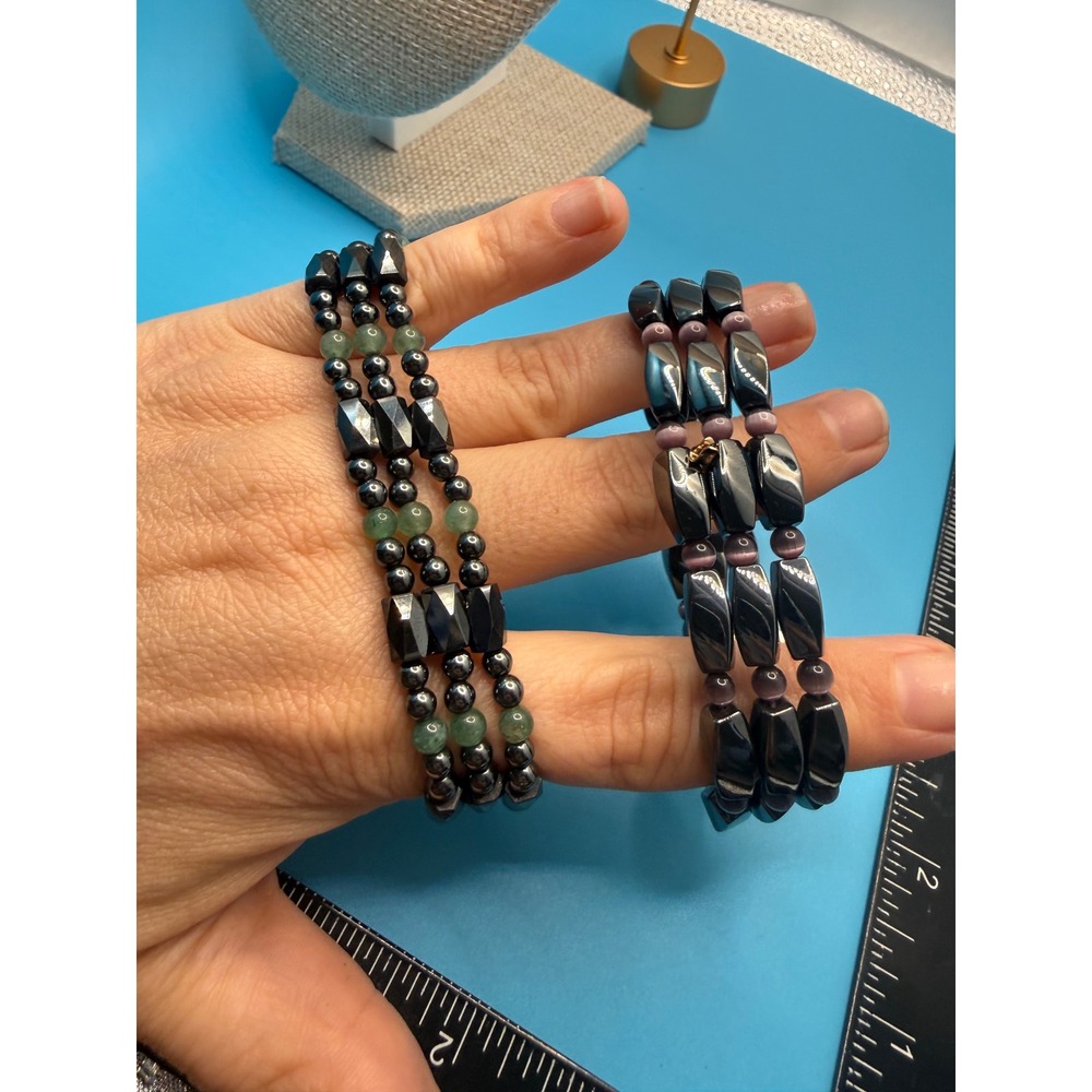 Set of 2 Magnetic Hematite Wrap Bracelets‎ Green Purple Beaded Single Strand 17"